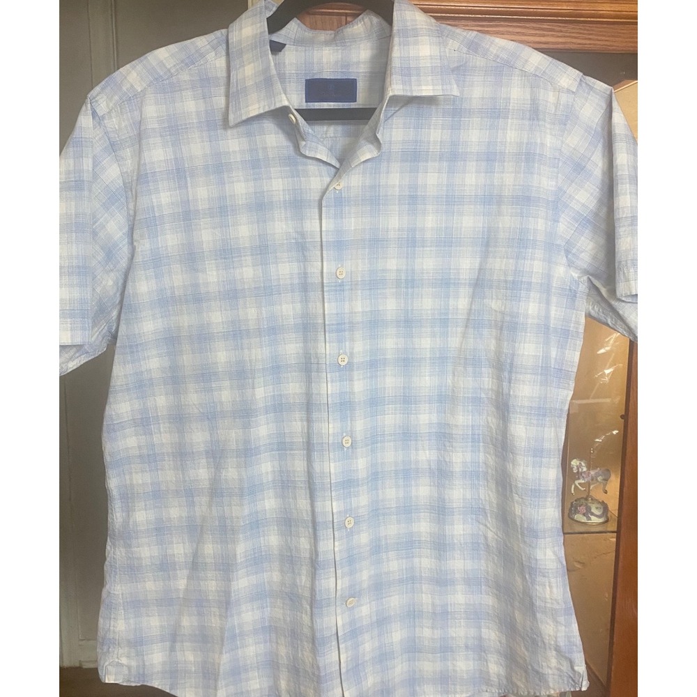 David Donahue Mens Large Blue White Plaid Cotton Short Sleeve Button Down Shirt